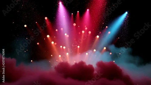 Colorful point lights radiating from misty red cloud like surface