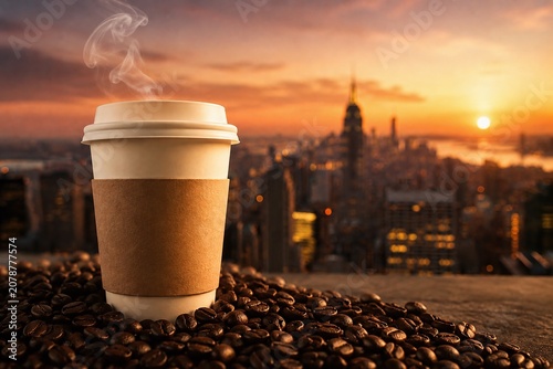 Blank White Paper Coffee Cup Mockup with Lid and Sleeve on Roasted Beans, Steaming Hot Drink against Blurred City Skyline at Sunset, Urban Metropolis Background for Beverage Branding.