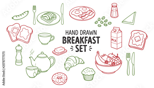 Hand Drawn Breakfast Set Illustration with Food and Kitchenware in Flat Design Style