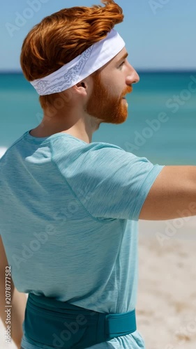 Redheaded man smiling and pointing toward sea on sandy beach