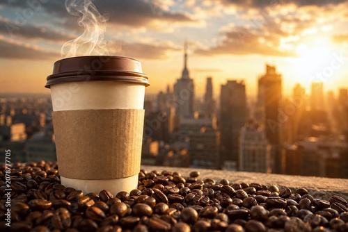 Steaming White Coffee Cup with Brown Lid and Kraft Sleeve on Roasted Beans, Blurred City Skyscraper Skyline at Sunset Sunrise, Urban Branding Mockup for Hot Beverage Presentation and City Lifestyle.