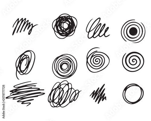 Hand Drawn Black Ink Swirls and Spirals Doodle Set on White Background Minimalist Line Art