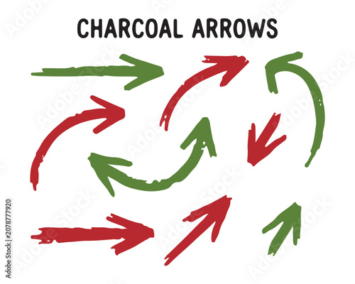 Hand Drawn Charcoal Arrows Collection in Dynamic Motion on White Background