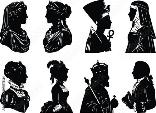 Historical People Silhouettes Set in Classic Profile Style