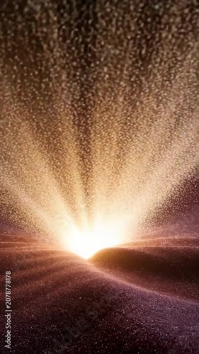 Radiant particle burst emanating from dark textured surface