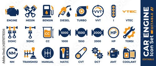 Cuadro en lienzo Automotive engine components and transmission icon collection