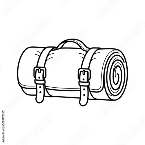 Line art illustration of a rolled sleeping mat with straps and handle for camping