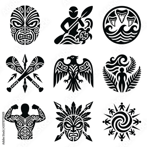 Cuadro en lienzo Collection of tribal Polynesian Maori inspired cultural symbols and icons