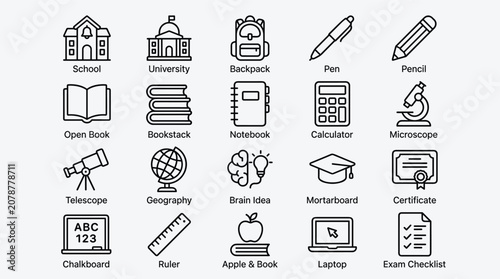 Obraz na plátně Education icon set containing various school supplies university buildings notebooks calculators and classroom tools for academic and learning graphic design projects