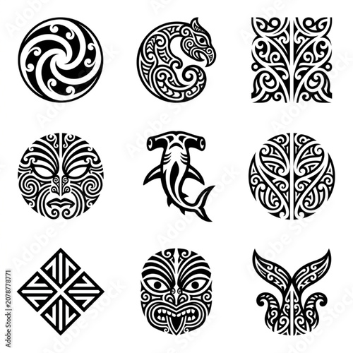 Collection of Maori tribal art symbols and designs.
