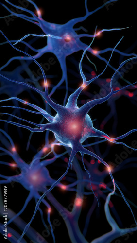 Neuron network activity with glowing synapse connections, 3D rendering