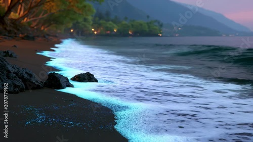 Beach waves shimmering with multicolor glow near rocky shore