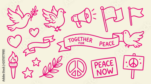 Konstfotografi Collection of hand-drawn peace symbols and related elements, including doves, hearts, and banners