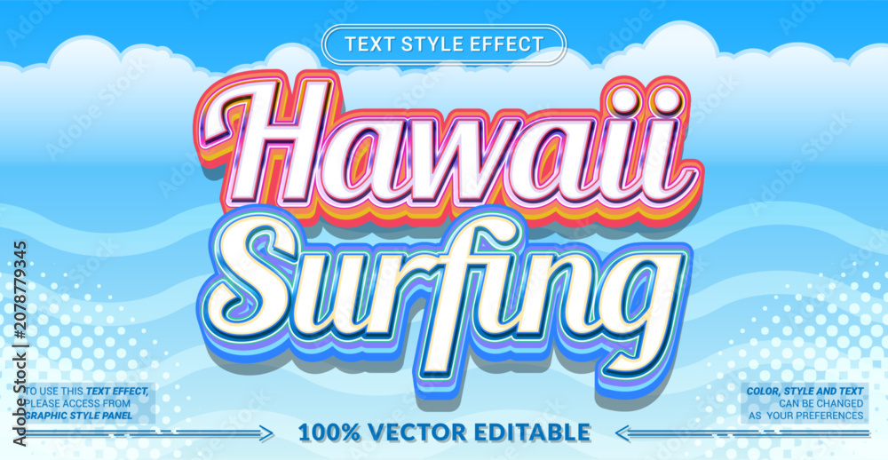 Fototapeta premium Editable Hawaii Surfing text effect with colorful tropical lettering, smooth beach inspired typography, and playful summer styling for travel, vacation, surf, and seasonal designs.