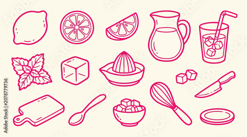 Photos Collection of hand-drawn icons representing ingredients and tools for making refreshing drinks and food