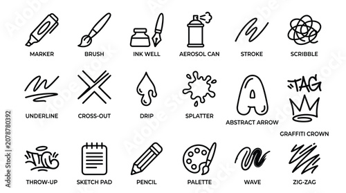 Schilderij op canvas Marker pen brush ink well aerosol can stroke scribble underline cross out drip splatter abstract arrow graffiti crown throw up sketch pad pencil palette wave zig zag icons set graphic design elements