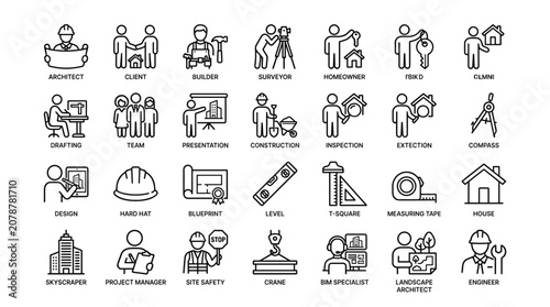 Fotografie Professional architectural building and construction line icon collection with diverse characters tools equipment project management and structural design symbols
