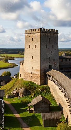 Historic Castle Tower with Surrounding Landscape and Water Features.