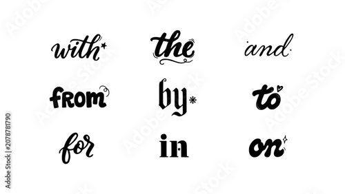 Obraz na płótnie Preposition Handwritten Text Phrases on White Background, Cursive Calligraphy Le