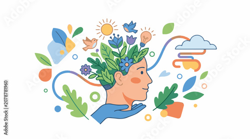 A colorful illustration of a person's head with plants growing out of it surrounded by various symbols