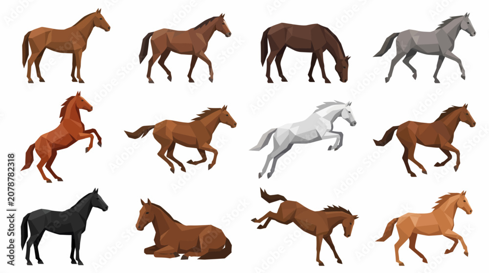Obraz premium A collection of twelve different horses in various poses, including standing, running, jumping, and resting, showcasing different coat colors like brown, black, white, and grey.