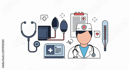 Medical illustration of a doctor stethoscope thermometer blood pressure monitor and clipboard