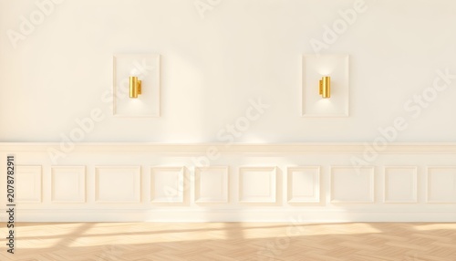 A brightly lit empty room with two wall lamps on a white wall and a decorative baseboard under warm sunlight.