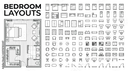 Bedroom layouts architectural floor plan icons, interior design furniture symbols for house planning, professional room top view vector set
