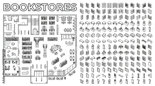 Isometric bookstore floor plan kit, retail shop interior architectural layout, library furniture and bookshelf vector elements collection