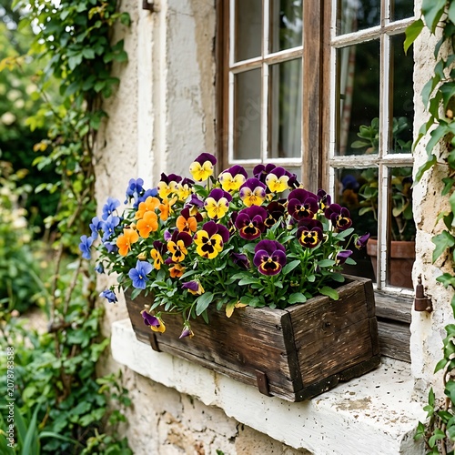 Colorful flower box on stone building exterior.