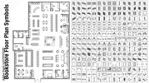 Bookstore Floor Plan Symbols, Architectural Library for Retail Interior Design, Professional Blueprint Icons for Shop Layout Planning