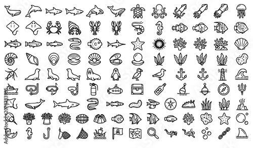 Sea Life Outline Icon Set Vector Collection with Marine Animals Coral Ocean Wildlife and Editable Stroke Symbols