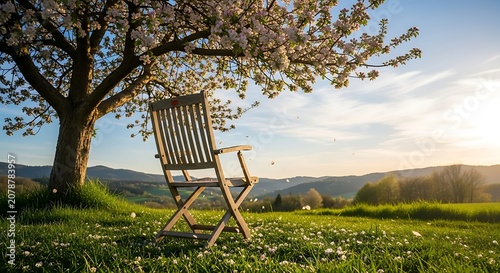 Serene Landscape with Wooden Chair Under Tree at Sunset.