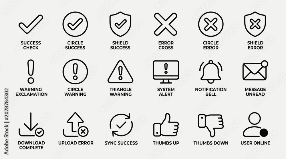 Fototapeta premium Set of line icons with success check, error cross, warning exclamation, system alert, message unread, download complete, thumbs up, and user online.