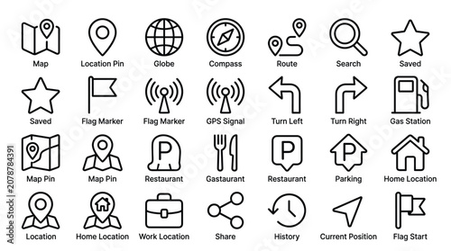 Valokuva Set of map pins navigation symbols location markers and travel icons for user interface design focusing on mapping and direction tracking and saved places