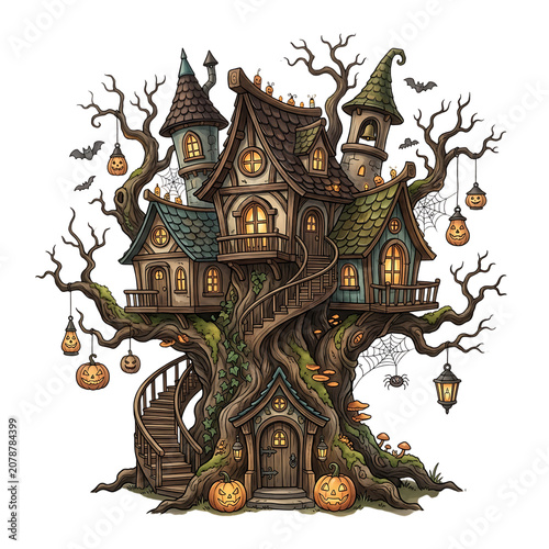 Spooky haunted tree house decorated for halloween with glowing pumpkins and lanterns