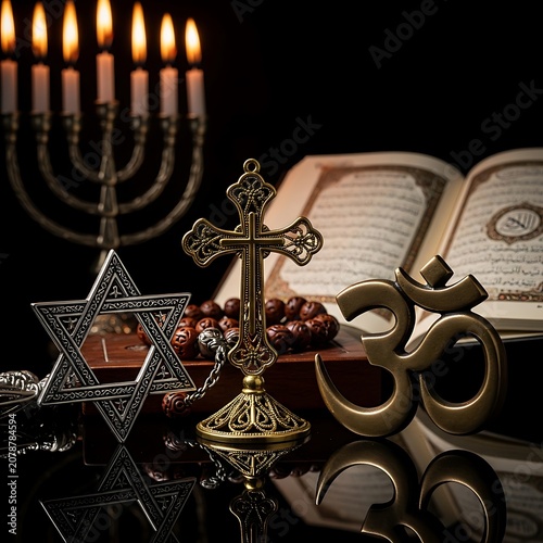 Religious Symbols and Candles with Sacred Texts and Cross.