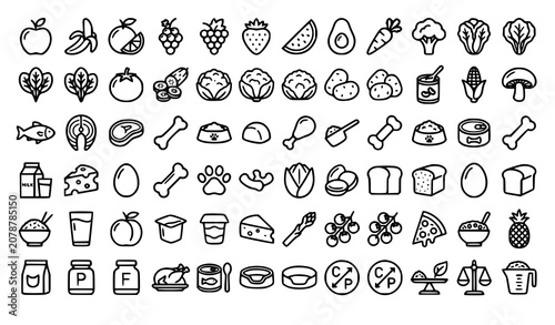food, pet, human, nutrition, fruits, vegetables, meat, fish, chicken, beef, apple, banana, carrot, broccoli, tomato, lettuce, pumpkin, kibble, bowl, bone, canned, treat, healthy, outline, lineart, ico