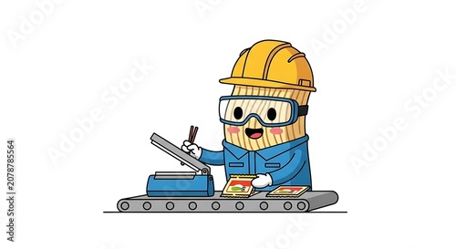 Cartoon boy wearing hard hat and riding toy truck.