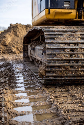 Excavator tracks driving in mud on construction site