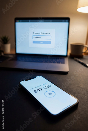 Two factor authentication verification code on mobile phone and laptop screen