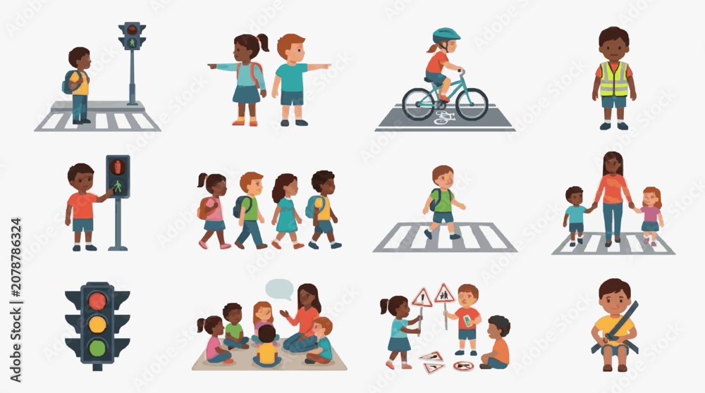 Fototapeta premium Children Crossing Streets with Traffic Signals.
