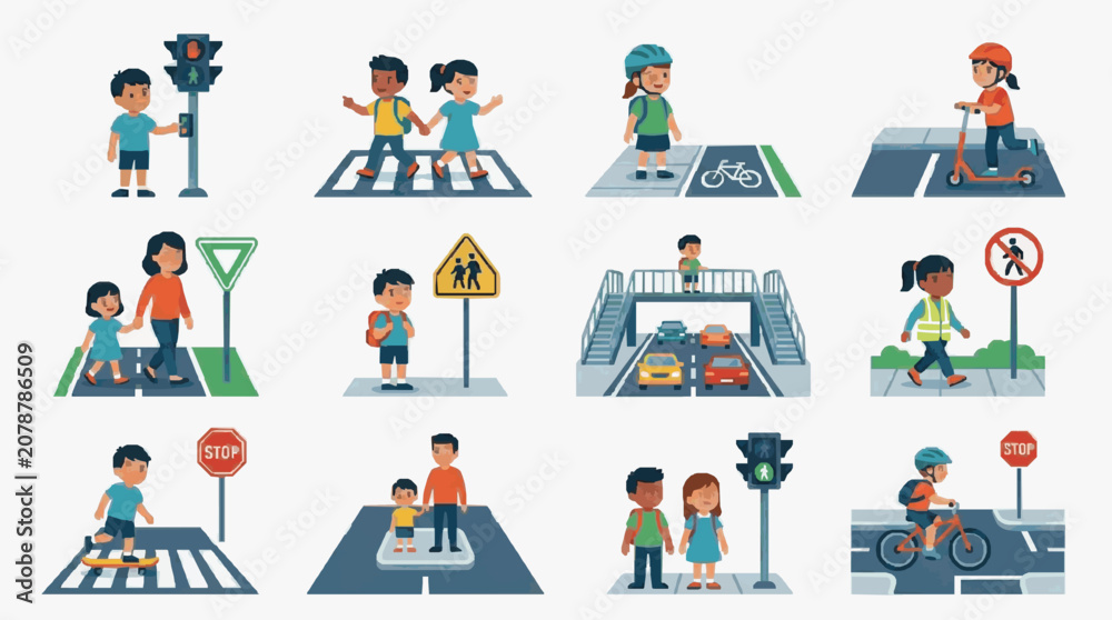 Fototapeta premium Children Crossing Streets with Traffic Signs.