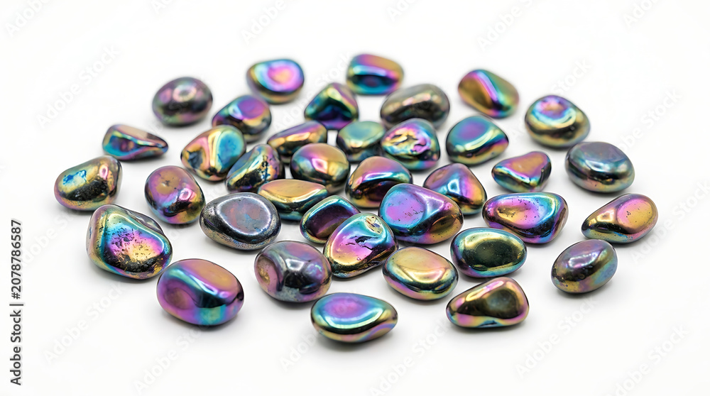 Naklejka premium Group of Iridescent Hematite Stones Isolated on a Crisp White Background