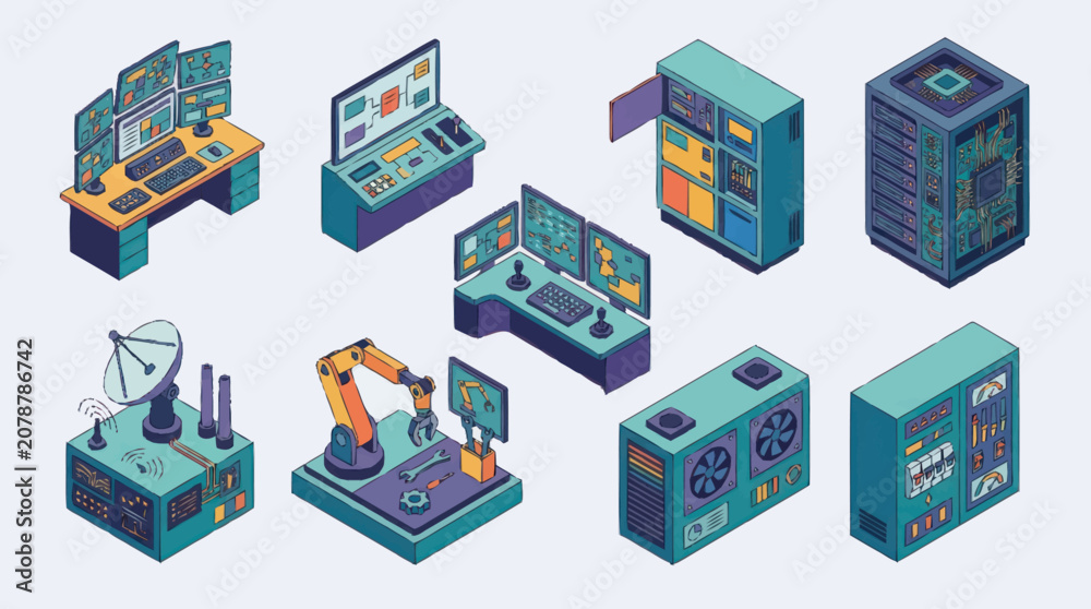 Fototapeta premium Isometric Technology Server Room and Workstation Icons.