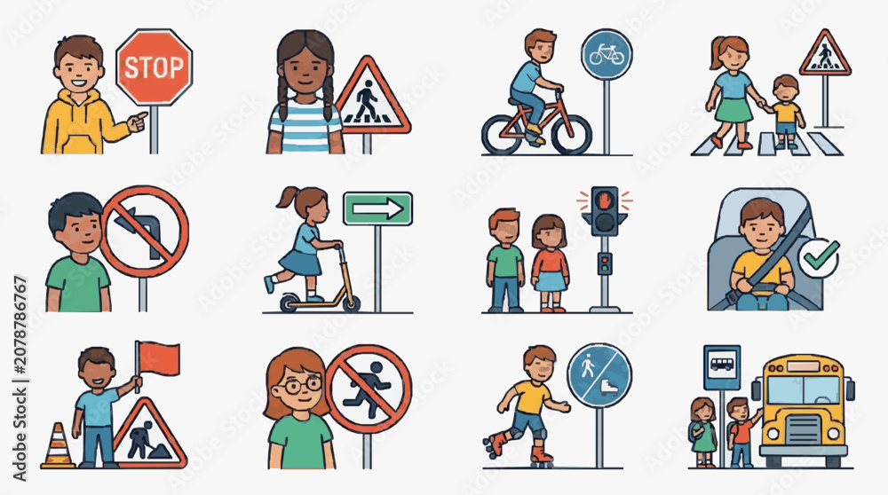 Fototapeta premium Children Crossing Street with Traffic Signs.