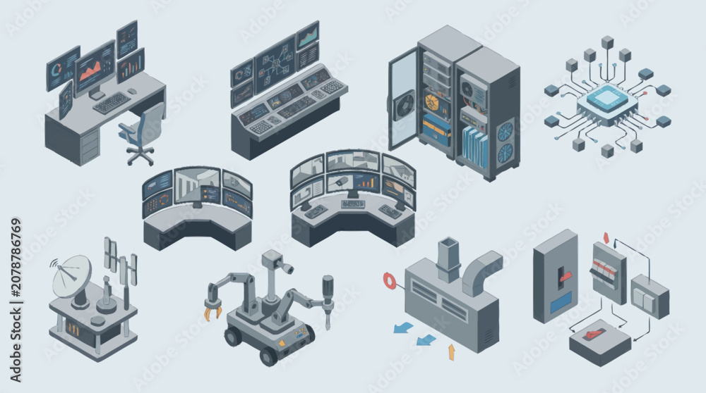 Fototapeta premium Isometric Technology and Data Center Infrastructure Illustration.