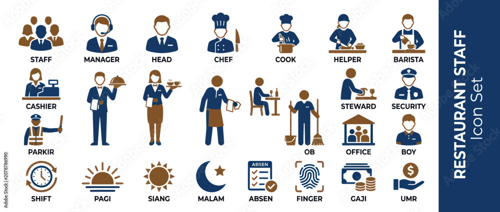 Fototapeta premium Professional restaurant staff and hospitality management icon set