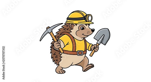 Cartoon construction worker with hard hat and tool belt.