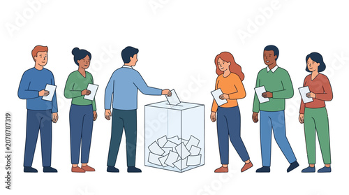 Diverse citizens standing in line and casting ballots into a transparent voting box during election day flat vector illustration.